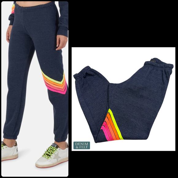AVIATOR NATION Chevron 5 Sweatpants/Joggers Navy Neon Rainbow Stripes Sz Small - Picture 1 of 12